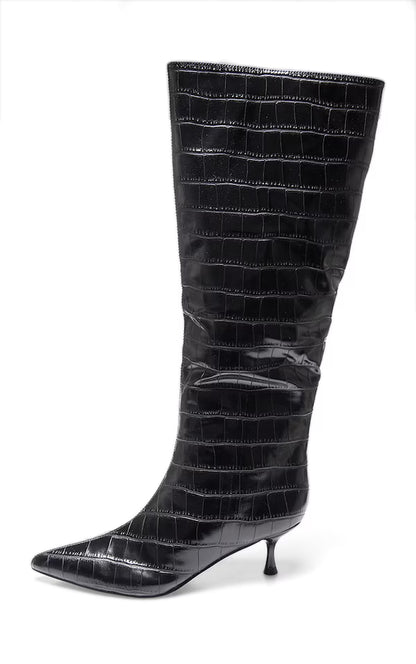 Botas altas de tacón bajo con punta cuadrada de charol cocodrilo negro