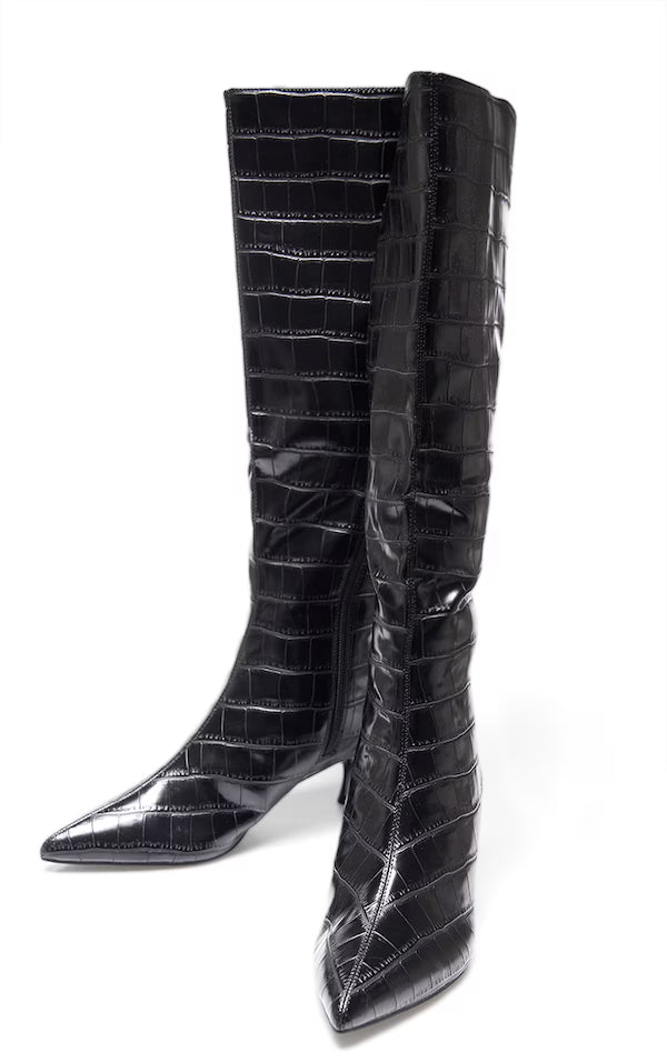 Botas altas de tacón bajo con punta cuadrada de charol cocodrilo negro